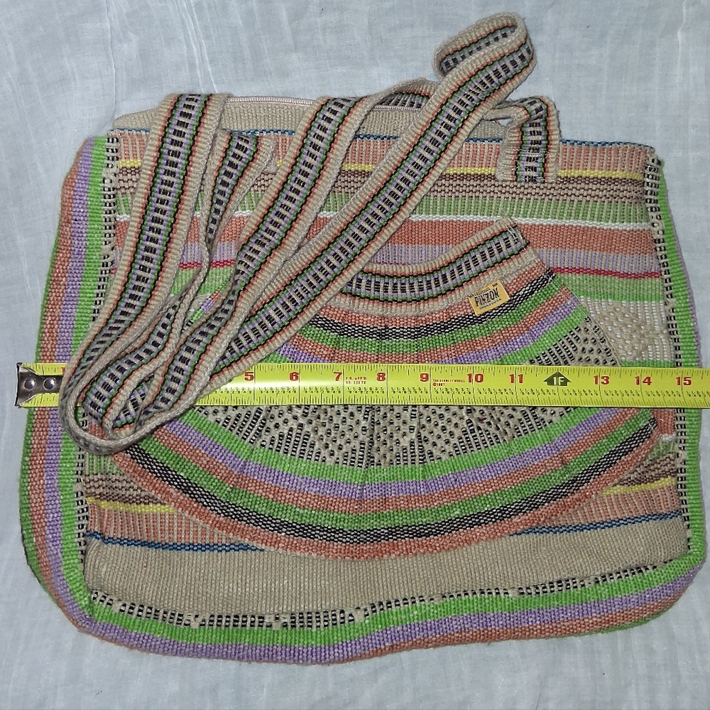 Woven Stripe Tote Bag in Beige with Green, Purple & Orange Accents - Picture 6 of 7